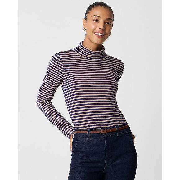 J.Crew Tops - J.Crew Women’s Navy Camel Striped Cotton Tissue Long Sleeve Turtleneck Size M